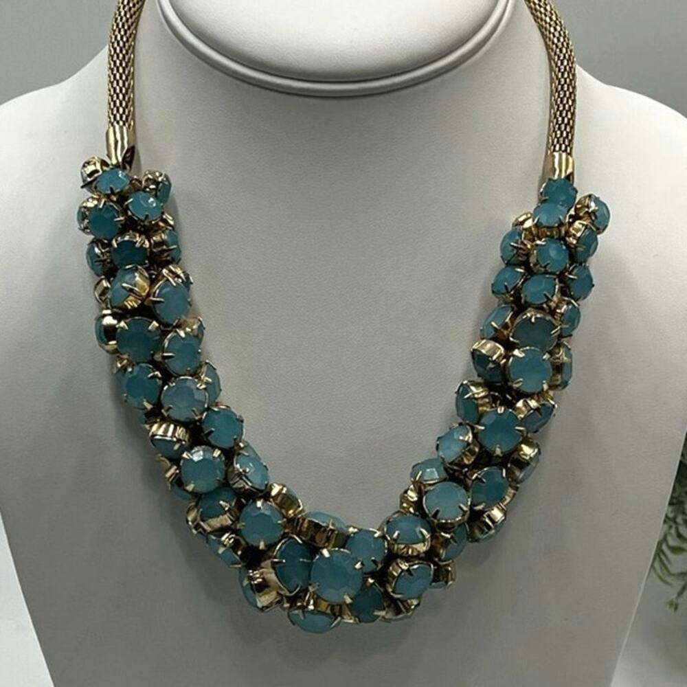 Gold Tone Rope Chain Prong Set Faceted Blue‎ Rhinestone Necklace - Picture 2 of 9